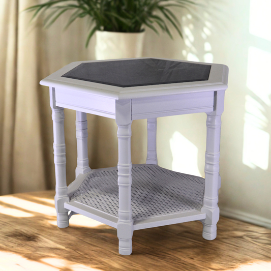White Hexagon Side Table with Glass Top & Wicker Storage Shelf - Image 1