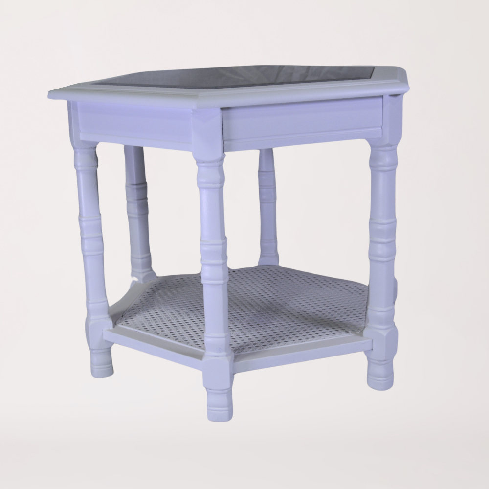 White Hexagon Side Table with Glass Top & Wicker Storage Shelf - Image 2