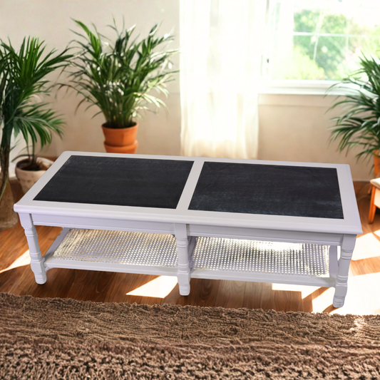 White Rectangular Coffee Table with Glass Top & Wicker Shelf - Image 1