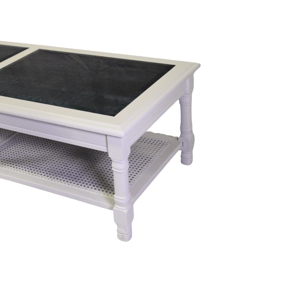 White Rectangular Coffee Table with Glass Top & Wicker Shelf - Image 3