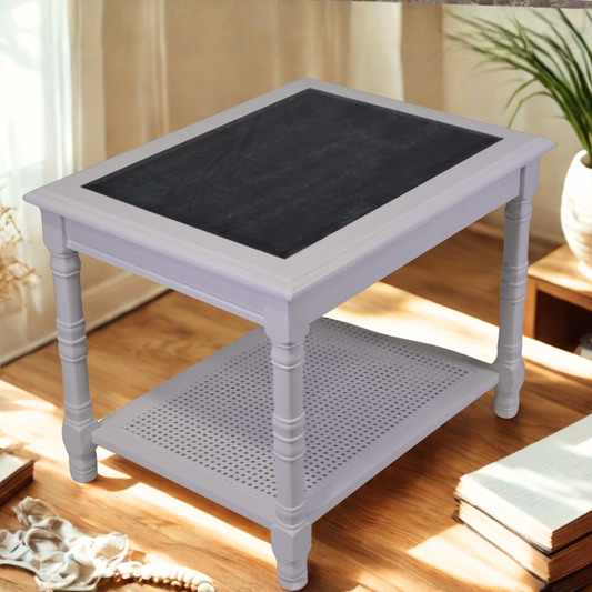 White Side Table with Glass Top & Wicker Shelf - Image 1