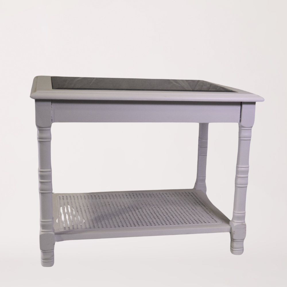White Side Table with Glass Top & Wicker Shelf - Image 2