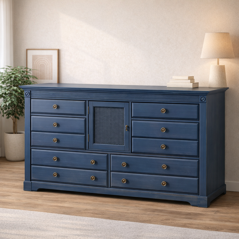 Dark Blue Solid Wood Dresser with Cabinet Door - Image 1