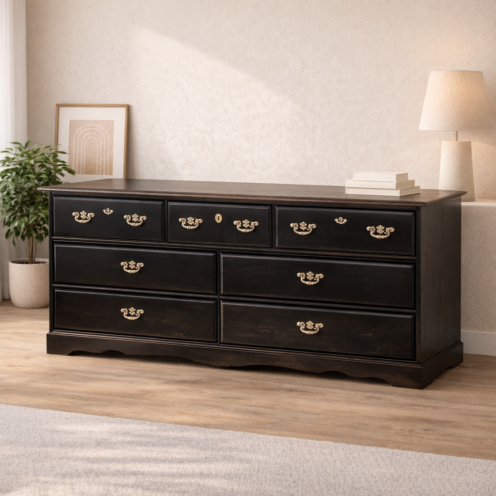Black Seven-Drawer Dresser with Gold Hardware - Image 1