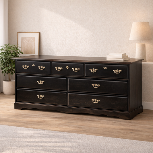 Black Seven-Drawer Dresser with Gold Hardware - Image 1