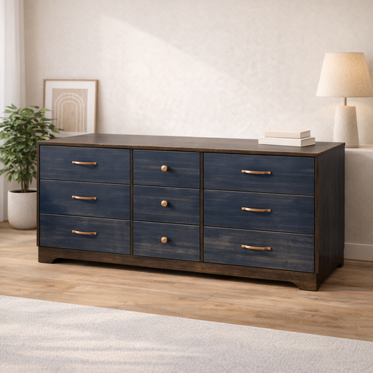 Black and Blue Nine-Drawer Dresser with Gold Hardware - Image 1
