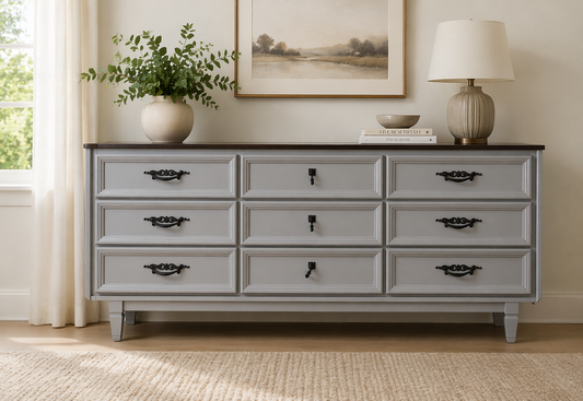 White Nine-Drawer Dresser with Black Top - Image 1