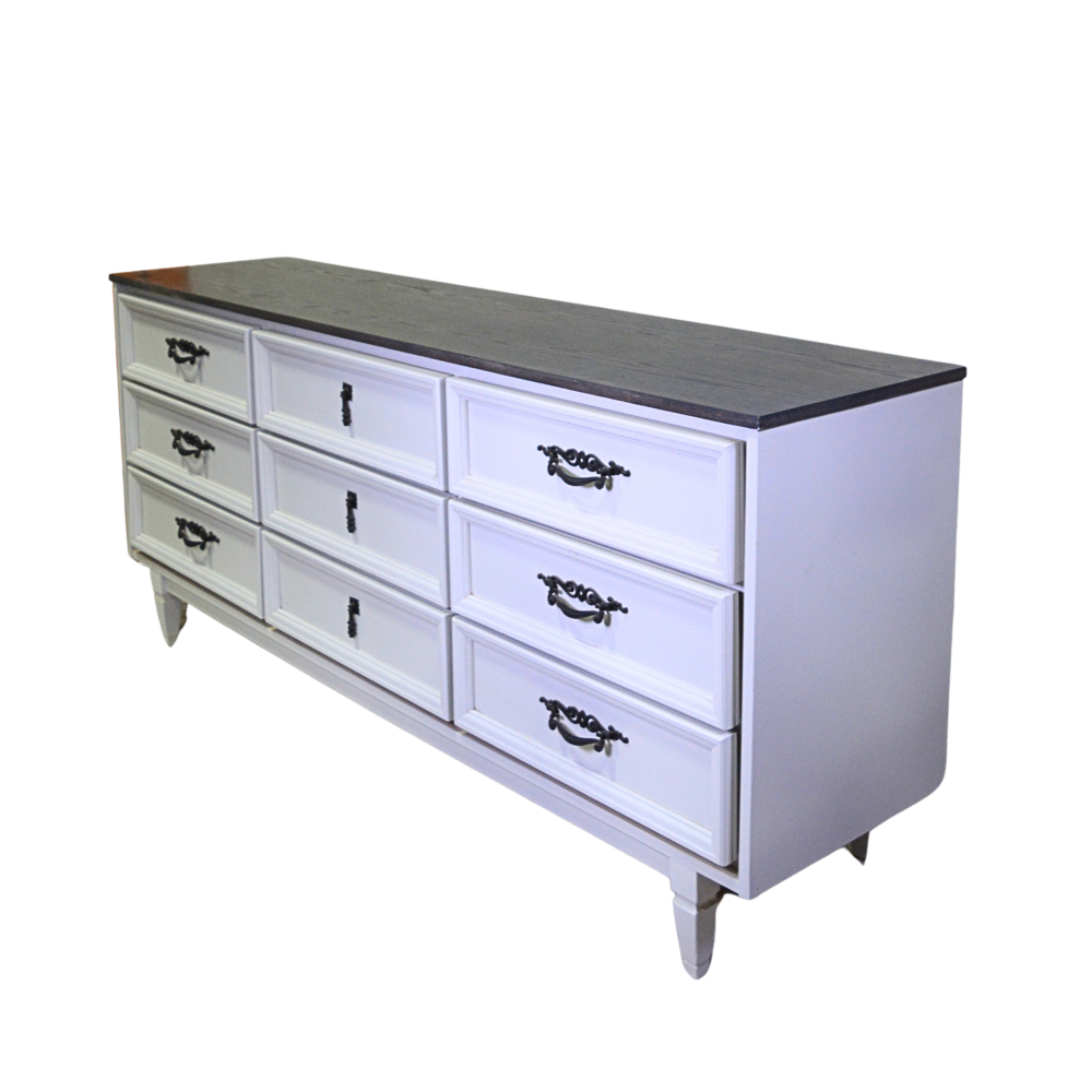 White Nine-Drawer Dresser with Black Top - Image 3